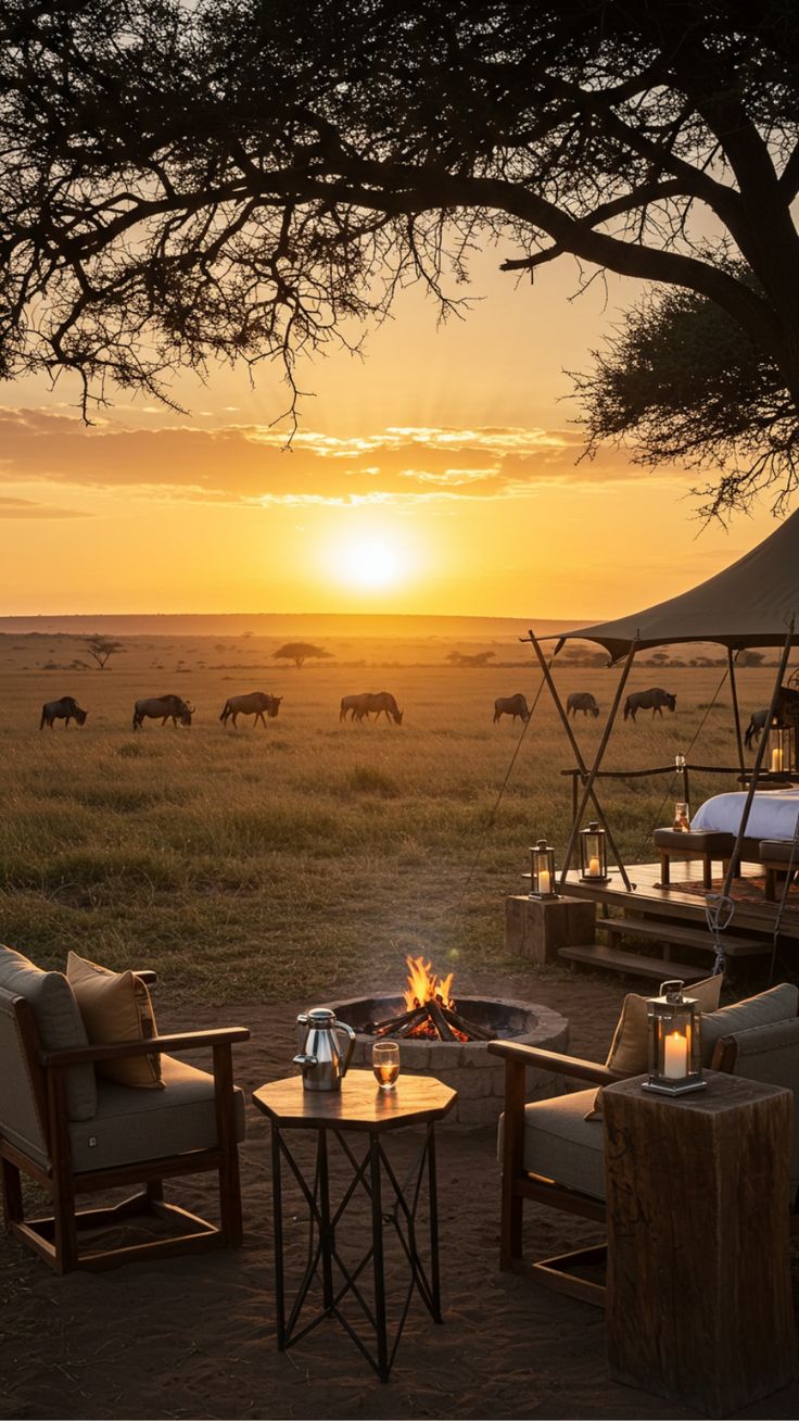 Luxury tented camp at sunset on the plains